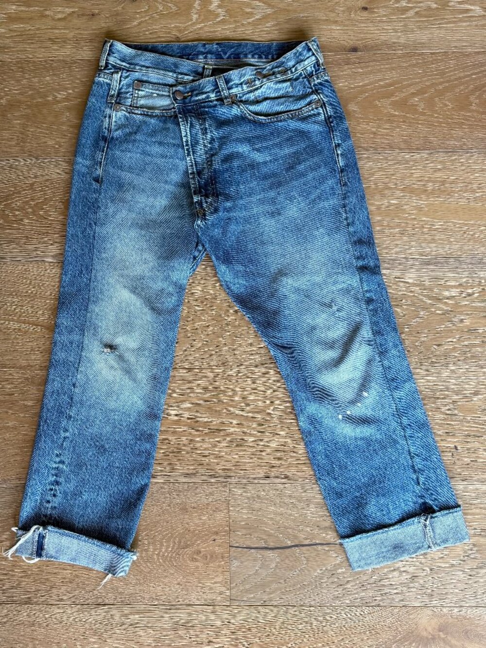R13 Crossover Jeans in Jasper Tex Asymmetric Waistband Denim Size 26